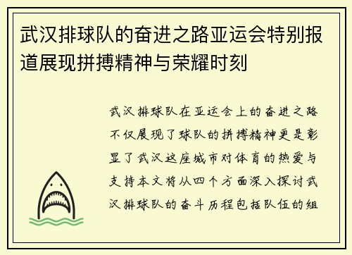 武汉排球队的奋进之路亚运会特别报道展现拼搏精神与荣耀时刻