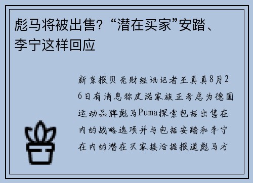 彪马将被出售？“潜在买家”安踏、李宁这样回应