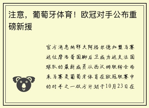 注意，葡萄牙体育！欧冠对手公布重磅新援